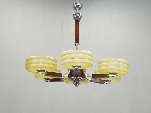 Art Deco Chrome and Walnut Chandelier, Czechoslovakia, 1930s