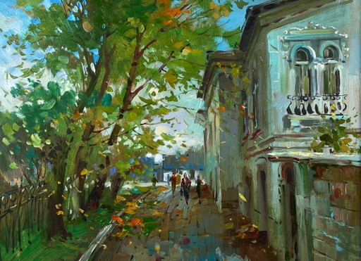 Peinture à l'huile originale représentant une rue de ville en journée