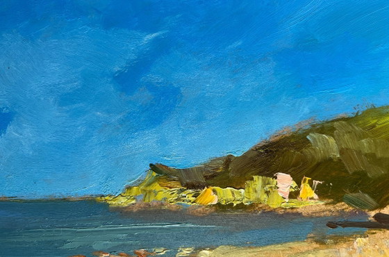 Image 1 of Origineel olieverfschilderij: Zomerkustlandschap, bewolkte dag op zee