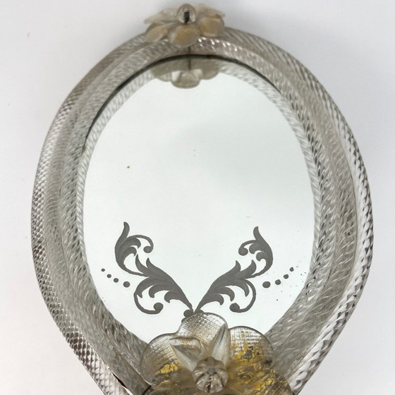 Image 1 of Venetiaanse Murano handspiegel/wandspiegel met glazen bloemen, Italië jaren 1940/50