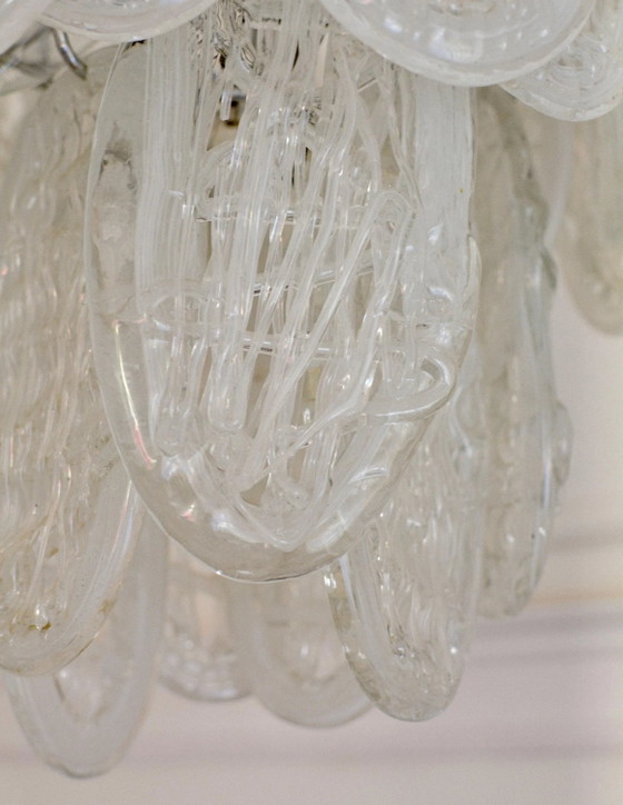 Vintage Kroonluchter van helder Murano glas met bladeren, chromen Italiaanse hanglamp, jaren 70 (photo 3 of 10)