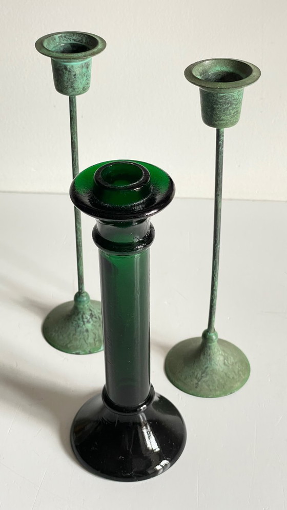 Image 1 of Vintage Glass and Metal Candle Holders Green