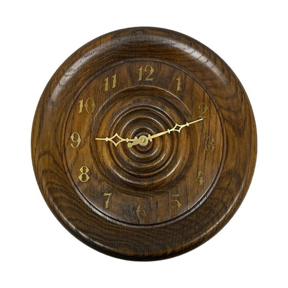 Image 1 of Vintage round oak wall clock carved turned wood retro Germany 1980s.