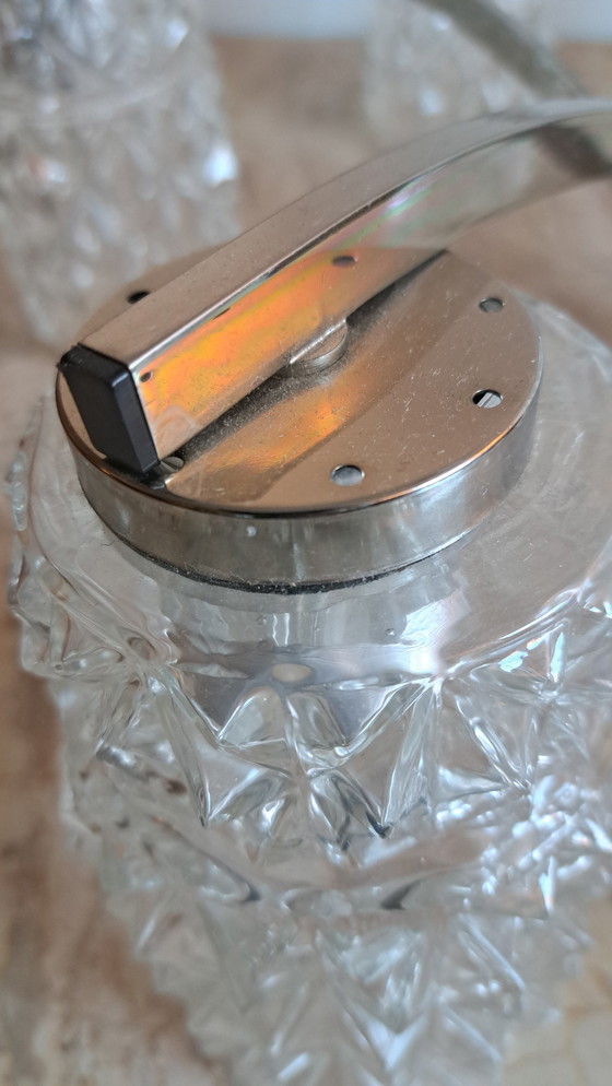 Image 1 of Lampadario vintage a 6 bracci in vetro e metallo, lampada a sospensione con attacco normale