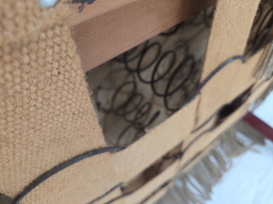 Image 1 of Deense tweezitsbank uit de jaren 50, bekleed met meubelvelours en voorzien van teakhouten poten.