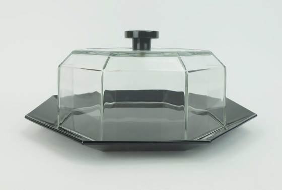 Image 1 of 80s arcoroc octime zwart gebaksbord met cloche of kaasstolp zwart glas en helder glas