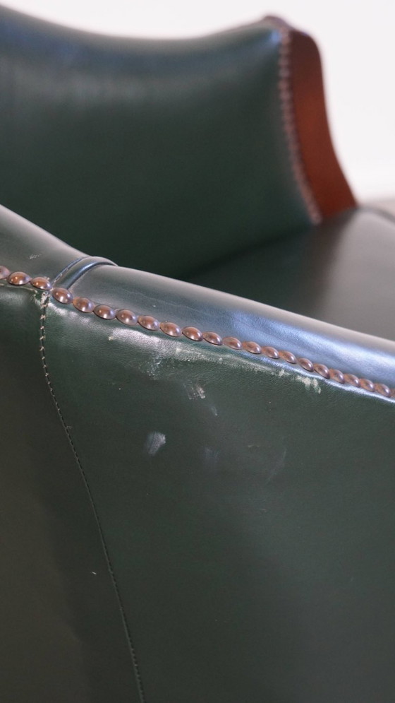 Image 1 of Beistell-/Ess-/Bürostuhl aus grünem Rindsleder und Holz im englischen Stil