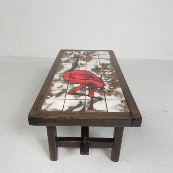 Image 1 of Mesa de azulejos Vallauris, firmada "dan" con la imagen de un pájaro fantástico, década de 1960.