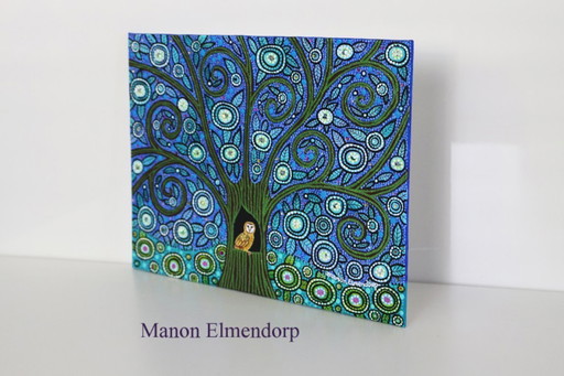 Einzigartiges handbemaltes Gemälde: Baum mit Eule (Neu)