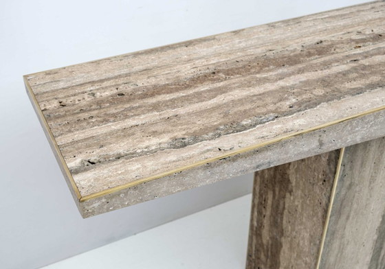 Image 1 of Mid Century Italian Unfilled Travertine and Brass Inlay Console Table