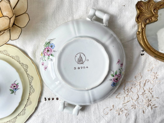 Vintage Bloemen Wit Geel Verguld Porseleinen Soepterrine L'Amandinoise 38754 Frankrijk Jaren 50 – Servies (photo 8 of 8)