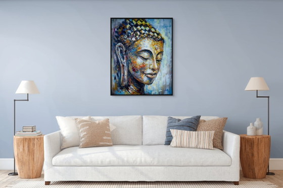 Image 1 of Unique hand-painted Buddha painting “Golden Serenity” – Seksak Jaichumchen – 80×100 cm