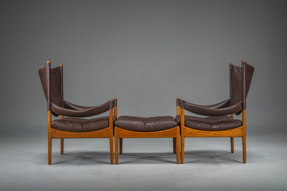 Image 1 of  Mid-Century Modern Danish Oak and Leather Lounge Chairs with Ottoman by Kristian Vedel for Søren Wiladsen, 1960s, Set of 3