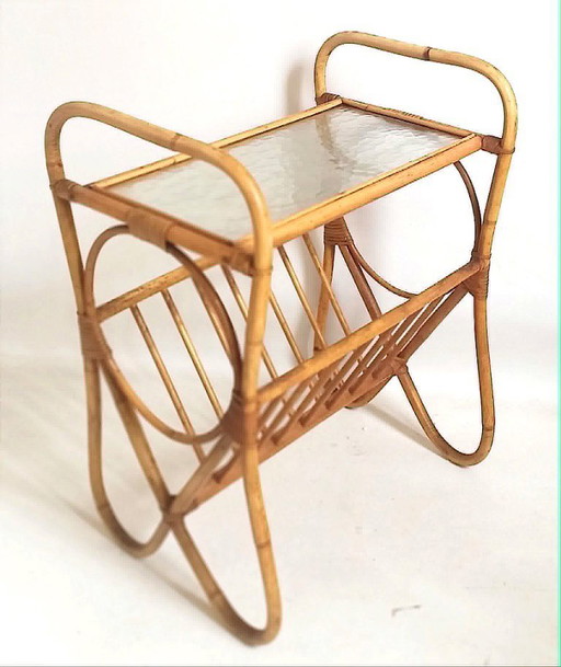 Table d'appoint et porte journaux Rotin Années 60