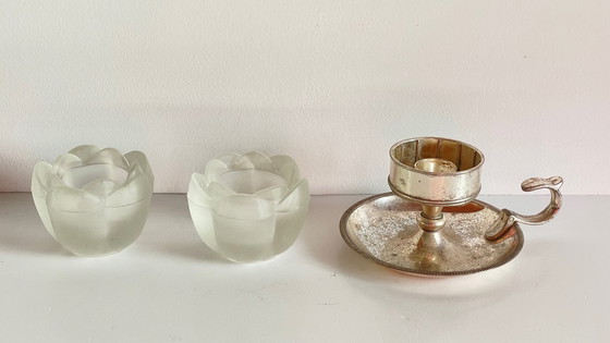 Image 1 of PHOTOPHORES Verre BOUGEOIR Argenté VINTAGE