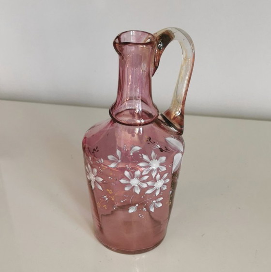 Image 1 of Antieke Franse Art Nouveau likeurset van roze iriserend glas, ca. 1900.