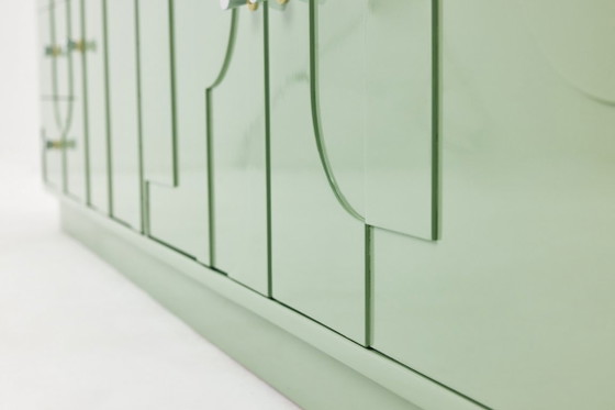 Vintage Sideboard, Wood, Relief, Pastel Green, High-Gloss Finish, 1970s (photo 15 of 15)