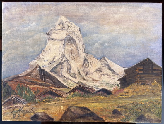 Óleo original del Matterhorn en los Alpes, firmado por F. Nagel, 1992, 40x30 cm, Zermatt, Suiza. (photo 10 of 10)