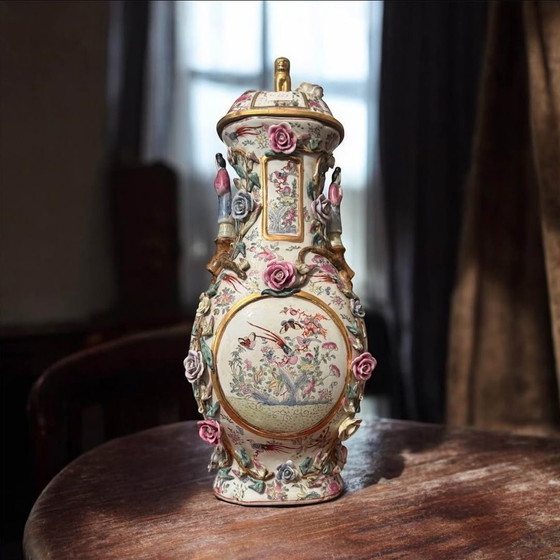 Image 1 of 🌸🐉 Vintage Canton Porcelain Covered Vase – Phoenix, Roses & Figures – 19th Century China ✨