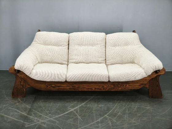 Image 1 of Brutalist Solid Oak and Bouclé Three-Seat Sofa, Czechoslovakia 1970s