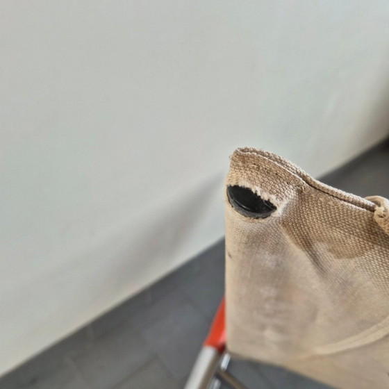 Image 1 of Poltrona pieghevole vintage giapponese, anni '70, in acciaio cromato e arancione e tela di iuta.