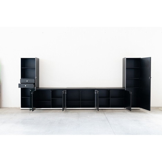 Image 1 of Vintage sideboard in leather, chromed aluminum, wood and smoked tempered glass, 1970