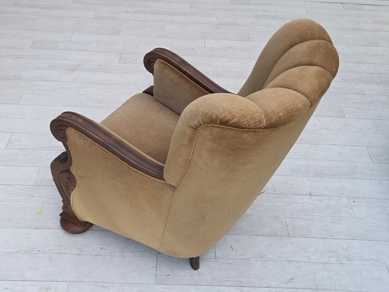 Image 1 of 1960s, Danish relax chair, original green furniture velour, carved oak wood.