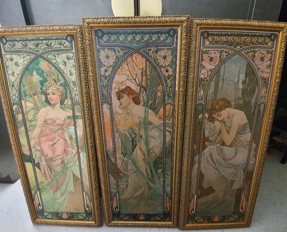Image 1 of 3 ingelijste prenten, schilderijen van Alphonse Mucha, Tijden van de dag, Art Deco