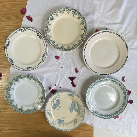 Image 1 of Set of 6 mismatched ironstone dinner plates, antique Sarreguemines earthenware, Choisy le Roi Boulenger Saint Amand