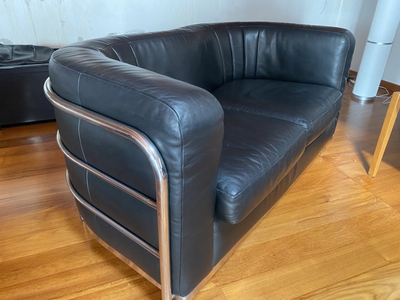 Image 1 of Zanotta “Onda” 2-seater black leather sofa