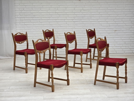 1970 Set van 6 Deense eetkamerstoelen, originele staat, eikenhout, meubelwol