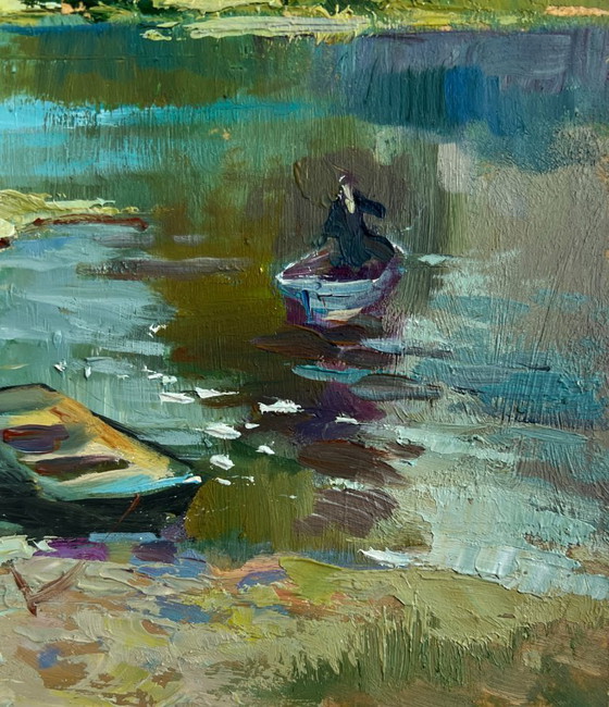 Image 1 of Original Oil Painting Summer River Landscape River in the forest thicket