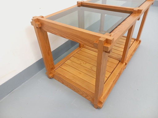 Vintage rectangular coffee table in pine and smoked glass from the 70s/80s