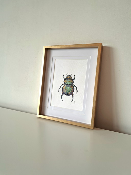 Watercolor painting Scarab green gold | Gold-colored frame