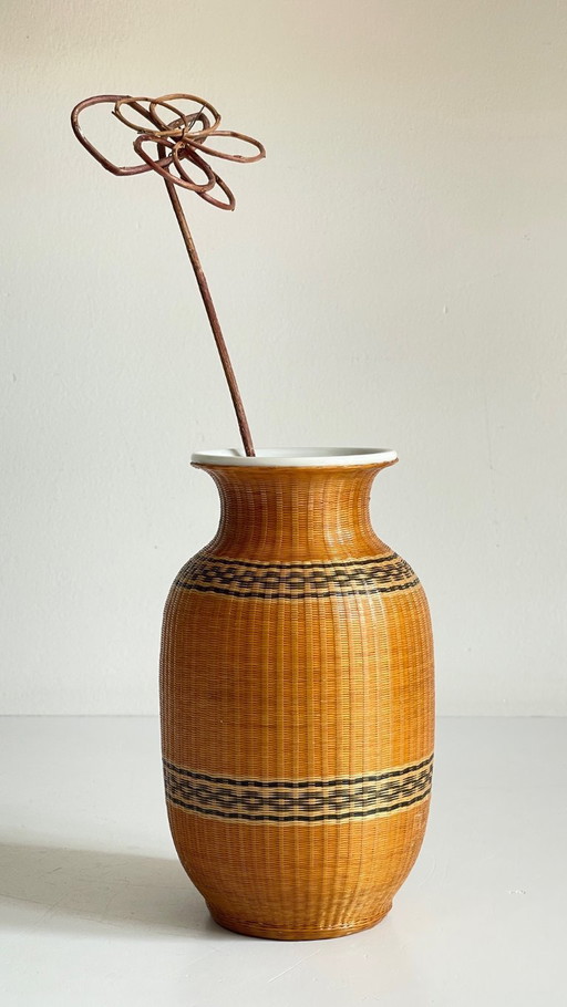 VINTAGE Gevlochten Bamboe Porseleinen VAAS