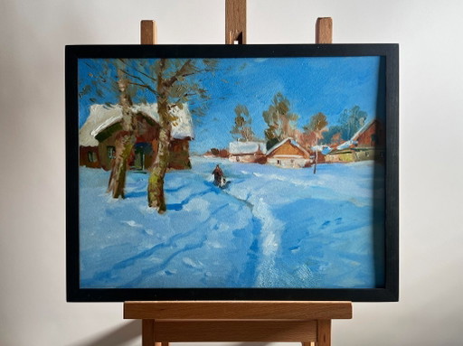 Original Oil Painting Winter Village Landscape Quiet village in winter