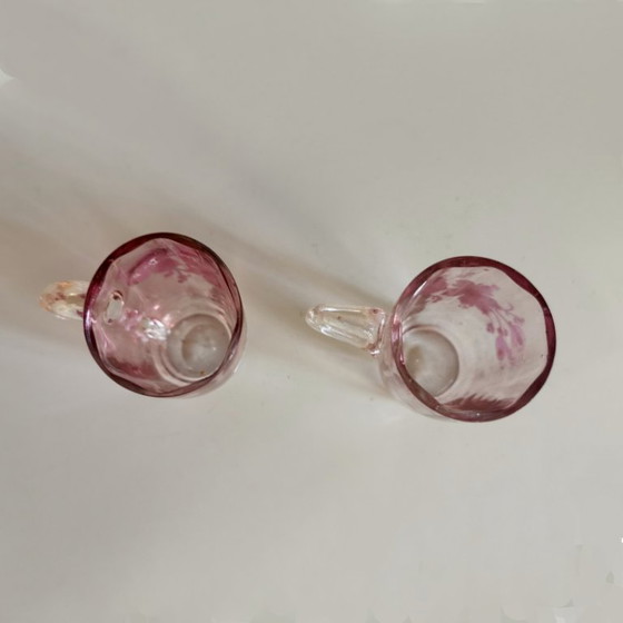 Image 1 of Antieke Franse Art Nouveau likeurset van roze iriserend glas, ca. 1900.