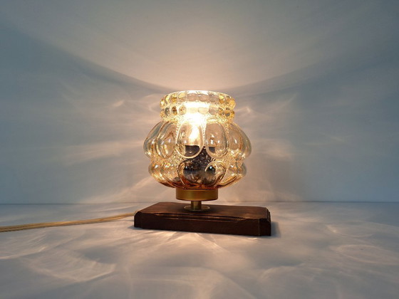 Image 1 of Mid Century Amber Glass Table Lamp / Retro Wood Brass Nightstand Light / 1970s Bubble Glass Desk Fixture / Vintage Small Lantern