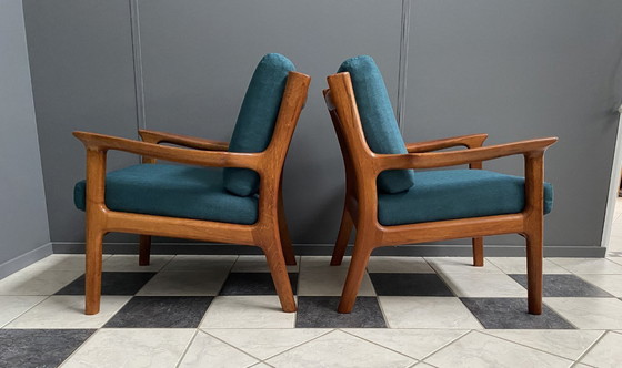 Image 1 of Ensemble de chaises danoises en teck de Jull Kristensen, années 1960, avec un nouveau revêtement vert.