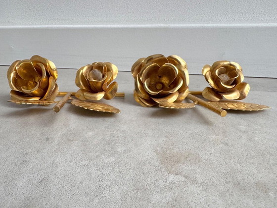 2x Italiaanse Vintage Vergulde Rozen Kandelaars - Hollywood Regency – Kandelaars en kaarsen, Gold, Metal (photo 6 of 10)