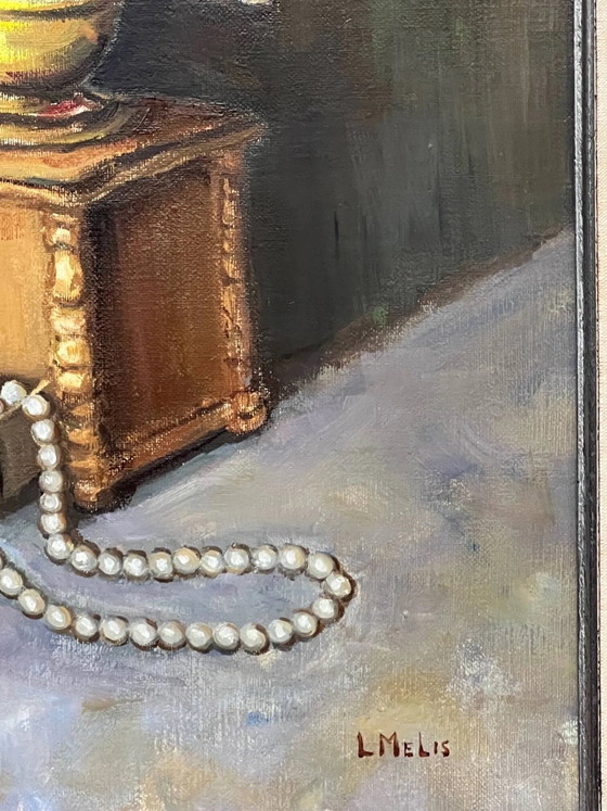 Stilleven met bloemen en parels, gesigneerd. – Schilderijen & Tekeningen, Canvas (photo 5 of 6)