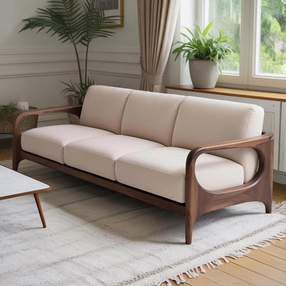 Image 1 of Modern Walnut Leather Sofa Solid Wood Designer Couch, Minimalist Cream Upholstered Sofa for Luxury Living Room