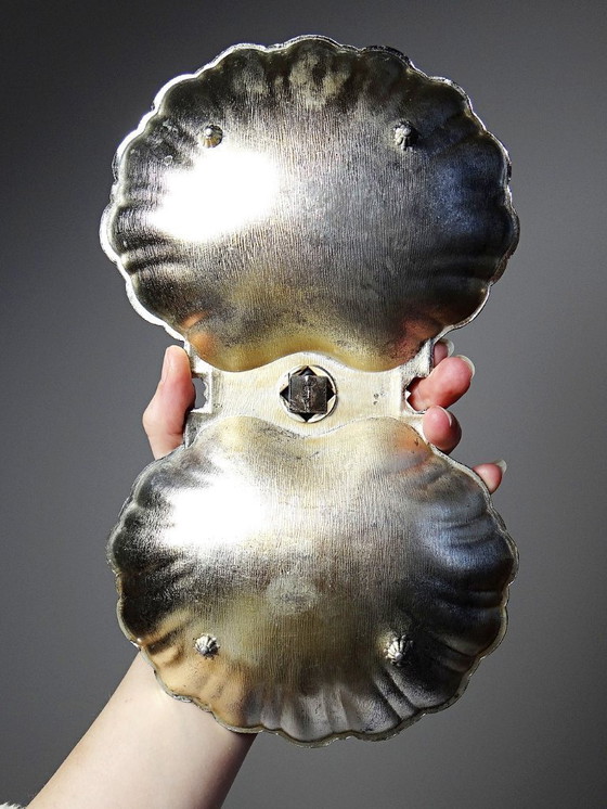 Image 1 of Antique double serving set in light gold-tone metal, vintage shell cup design, 1950s-1970s