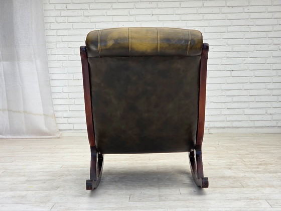 Image 1 of Anni '50, sedia a dondolo Chesterfield, pelle verde originale, legno di teak.