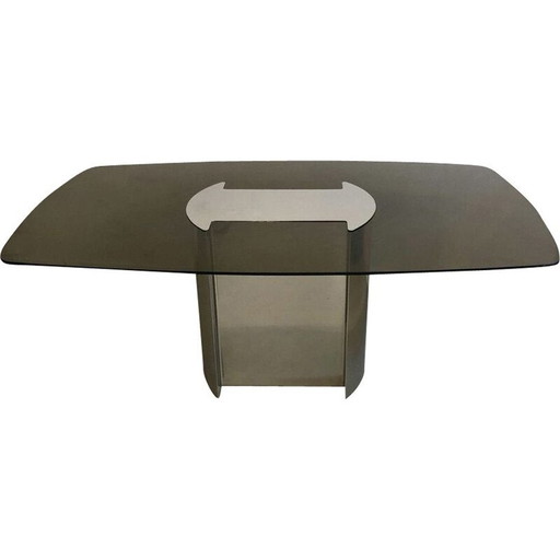 Mesa de comedor de cristal ahumado con pata de metal 1970