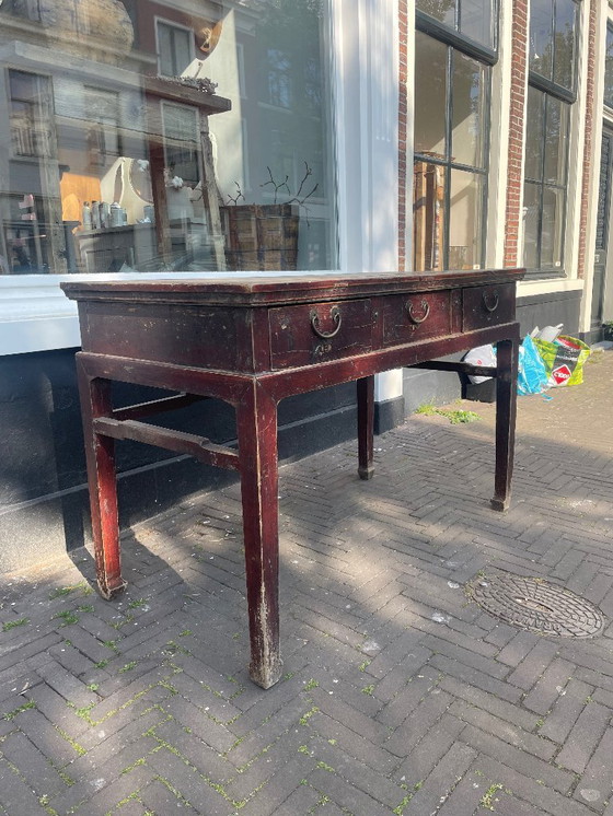 Image 1 of Única isla de cocina/mesa/escritorio/ cómoda antigua de roble pesado con tres cajones.