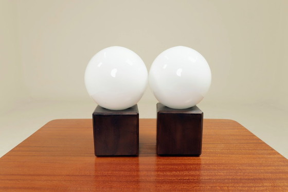 Image 1 of Pair of modern lamps opal glass & wood 