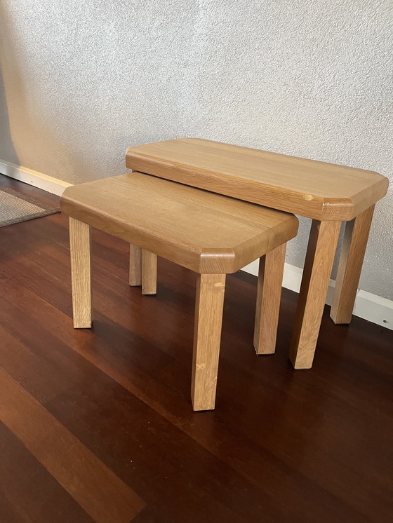 Image 1 of Massief eiken brutalist nesting tafeltjes vintage set 60/70