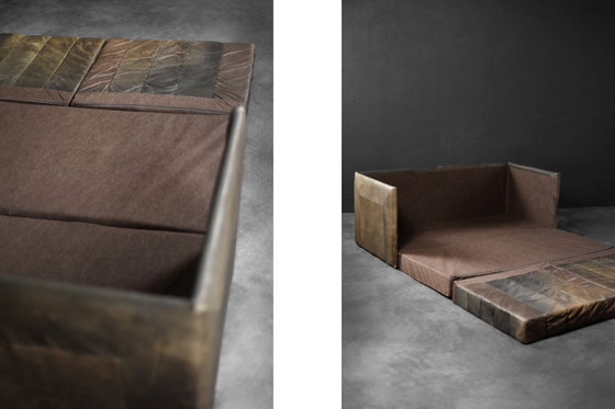 Image 1 of Vintage Mid-Century Modern German Brutalist 2-Seater Brown Leather Bed Sofa, 1970s
