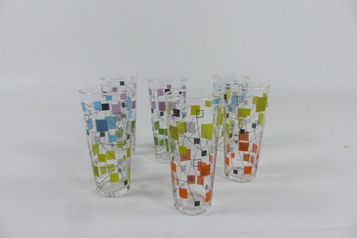 Lot de 6 verres sérigraphiés Durobor vers 1950.